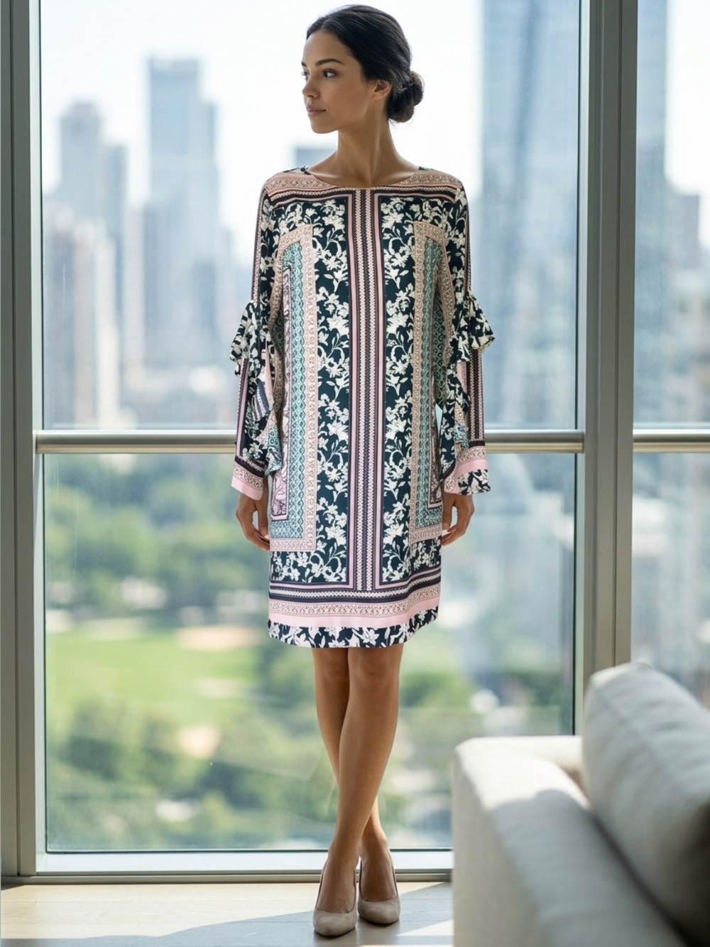 Versona Medium Floral Border Shift Dress - Navy, Pink, Teal